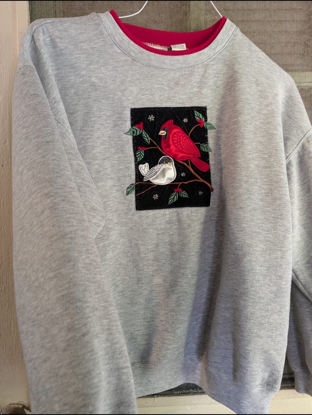 Vintage 90s Holiday Sweatshirt Pull Over Cardinal Cardigan Embroidered Bird L